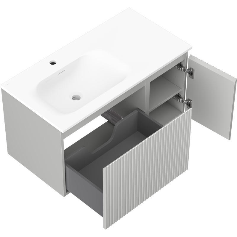 Mexen Rivel vonios kambario spintelė 90 cm su kairės pusės praustuvu Vela, 1S, 1D, rifliuota, pilka matinė/balta matinė