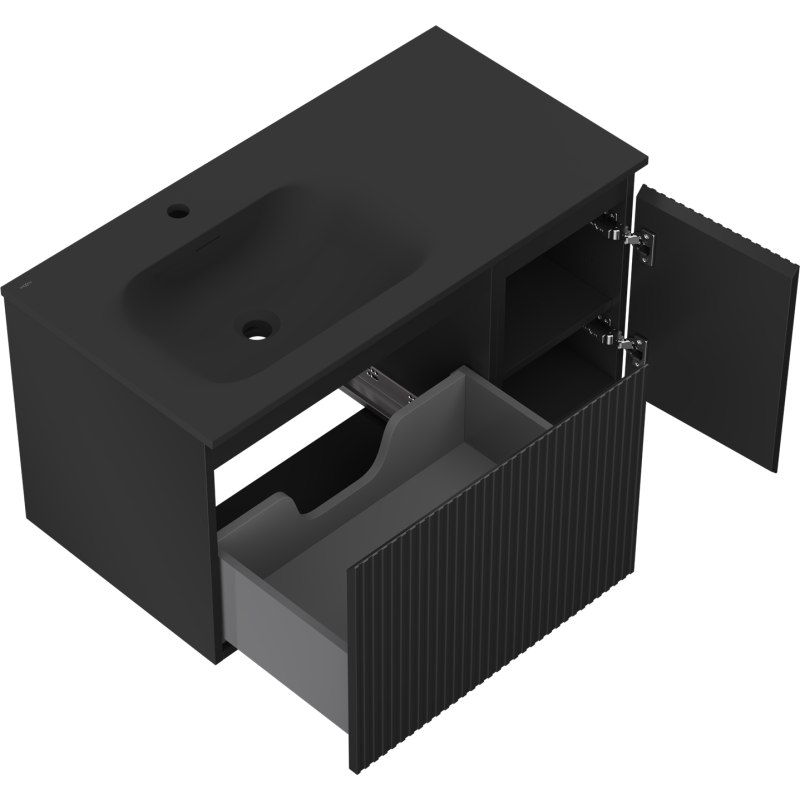 Mexen Rivel vonios spintelė 90 cm su kriaukle Vela kairė, 1S, 1D, su grioveliais, juoda matinė - 91A23-09047-3-BBFF71-W23L71