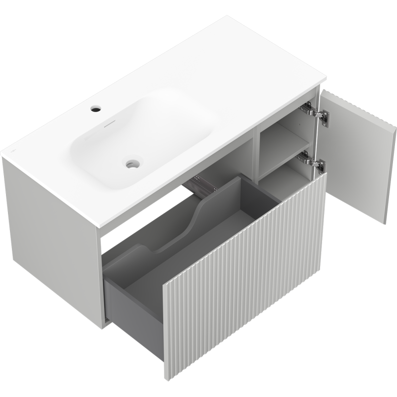 Mexen Rivel vonios spintelė 100 cm su kriaukle Vela kairine, 1S, 1D, grublėta, pilka matinė/balta matinė