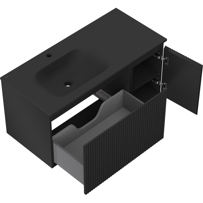 Mexen Rivel Vonios spintelė 100 cm su kairiąja kriaukle Vela, 1S, 1D, rievėta, juoda matinė - 91A23-10047-3-BBFF71-W23L71