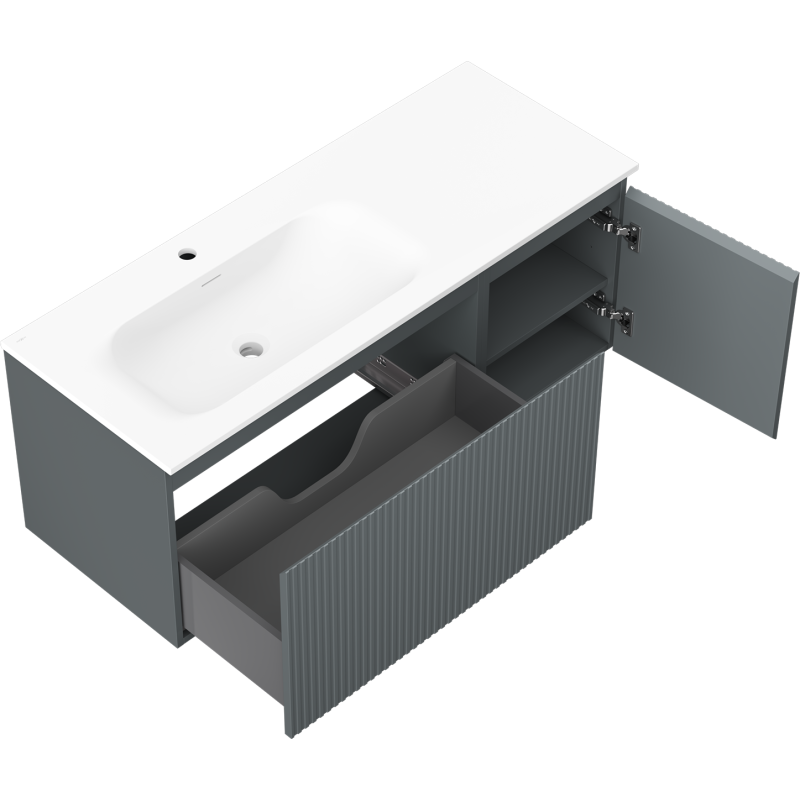 Mexen Rivel vonios spintelė 120 cm su kriaukle Vela kairė, 1S, 1D, rifliuota, grafito matinė/balta matinė