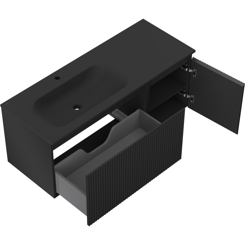 Mexen Rivel vonios spintelė 120 cm su kriaukle Vela kairė, 1S, 1D, grioveliai, juodas matinis - 91A23-12047-3-BBFF71-W23L71