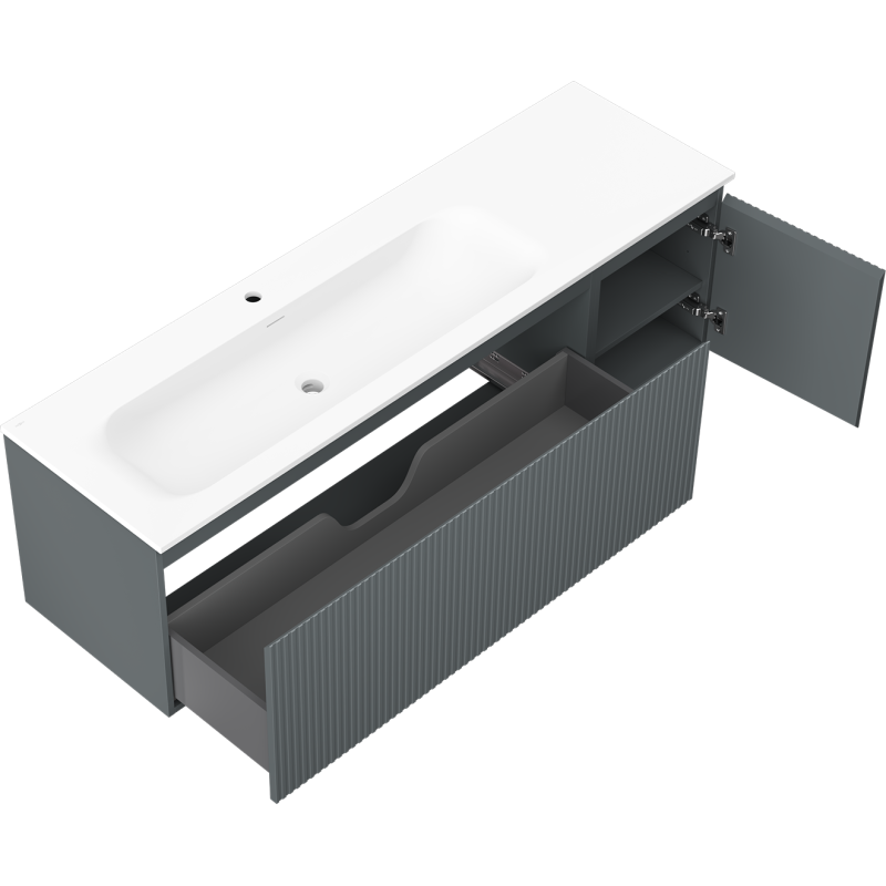 Mexen Rivel 160 cm vonios kambario spintelė su Vela kairiojo šono kriaukle, 1S, 1D, rifliuota, grafito matinė/balta matinė