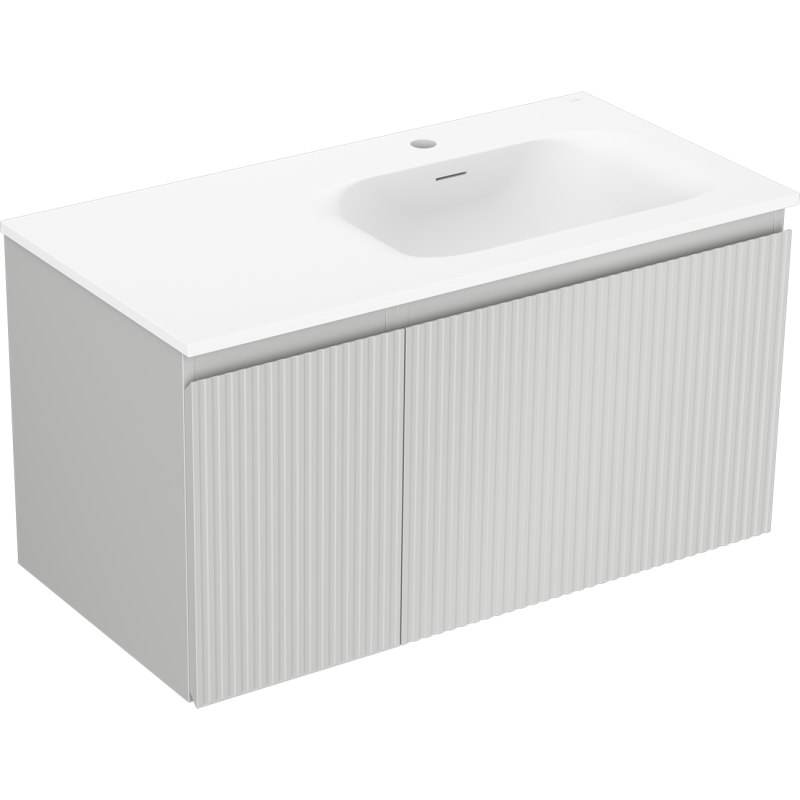 Mexen Rivel vonios spintelė 90 cm su kriaukle Vela dešinė, 1S, 1D, gofruota, pilka matinė/balta matinė