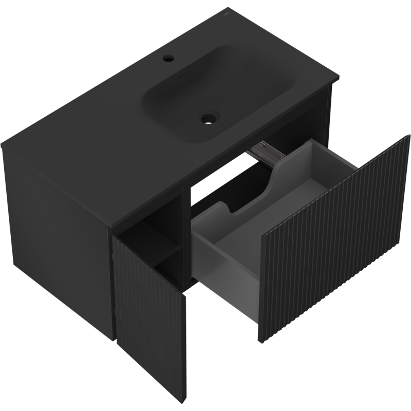 Mexen Rivel vonios spintelė 90 cm su praustuvu Vela dešinėje, 1S, 1D, rifliuota, juoda matinė - 91A23-09047-3-BBFF71-W23P71