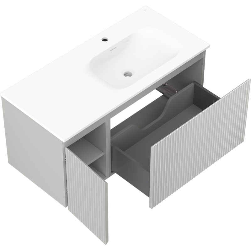 Mexen Rivel vonios spintelė 100 cm su Vela dešiniąja kriaukle, 1S, 1D, rifliuota, pilka matinė/balta matinė