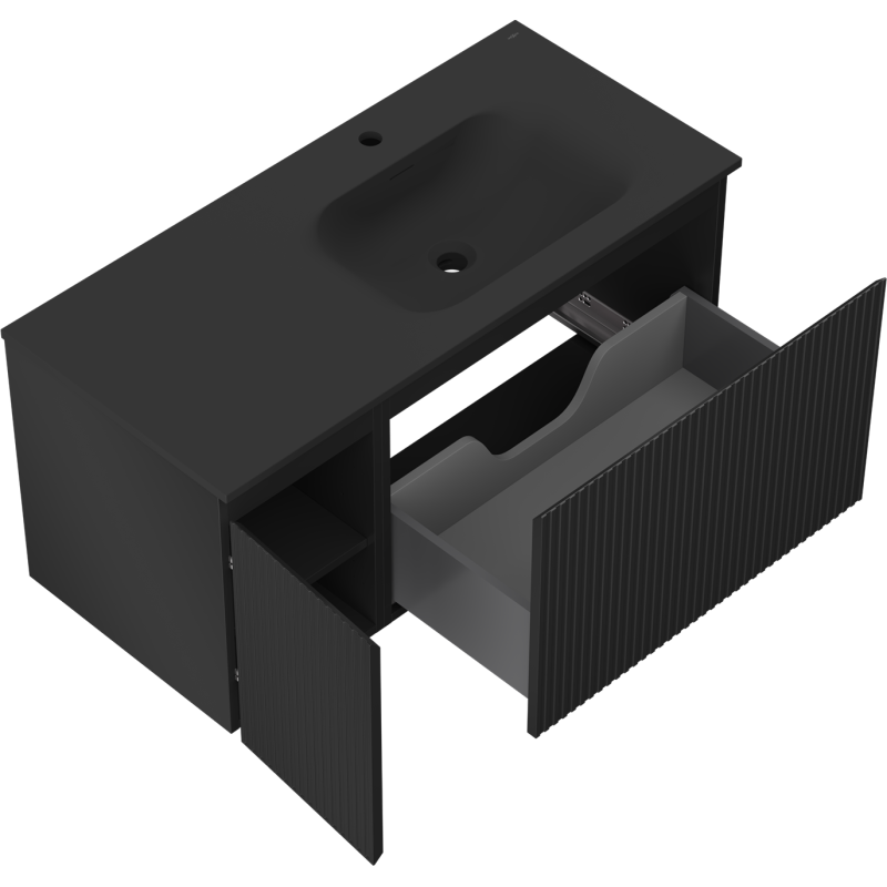 Mexen Rivel vonios spintelė 100 cm su kriaukle Vela dešinė, 1S, 1D, rifliuota, juoda matinė - 91A23-10047-3-BBFF71-W23P71