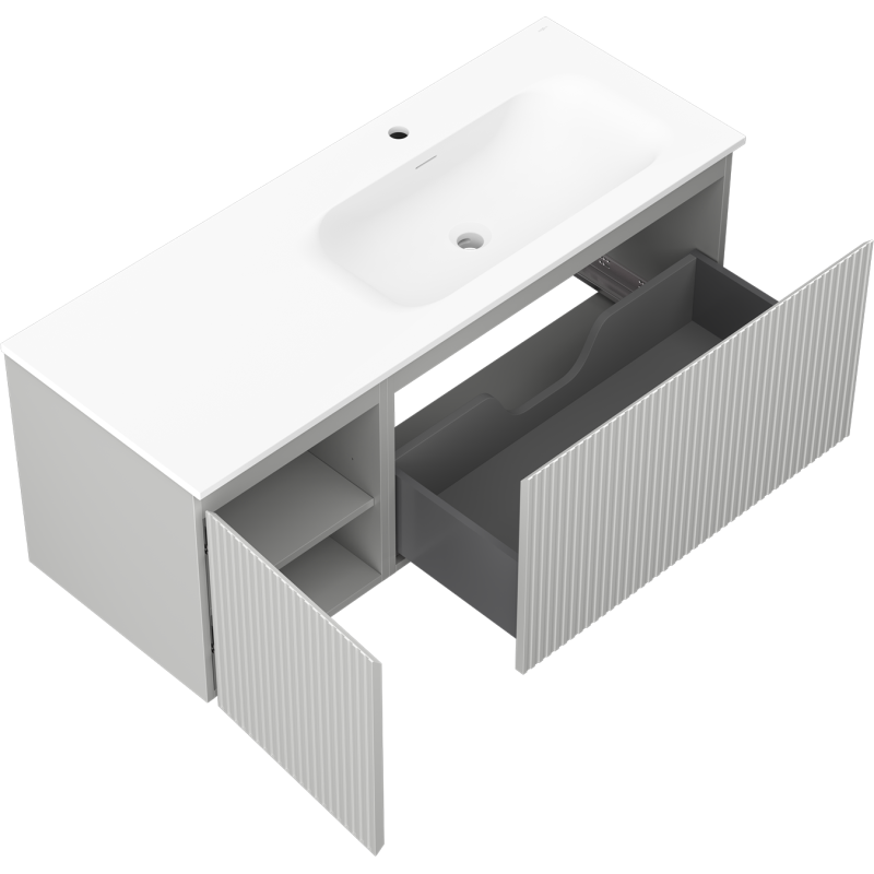 Mexen Rivel vonios spintelė 120 cm su kriaukle Vela dešinėje, 1S, 1D, rifliuota, pilka matinė/balta matinė