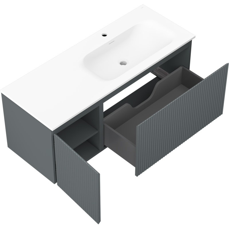 Mexen Rivel vonios spintelė 120 cm su praustuvu Vela dešinė, 1S, 1D, rievėta, grafito/balta matinė - 91A23-12047-3-BBFF66-W23P01