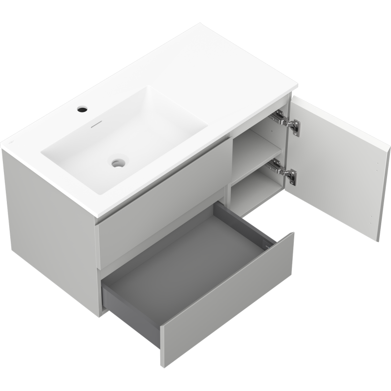 Mexen Orio vonios spintelė Otis 90 cm su kairės pusės kriaukle, 2S, 1D, pilka matinė/balta matinė