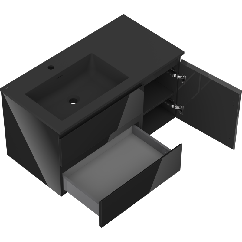 Mexen Orio Vonios spintelė 90 cm su kriaukle Otis kairė, 2S, 1D, juoda blizgi/juoda matinė - 91A13-09047-3-BBFFF70-W18L71