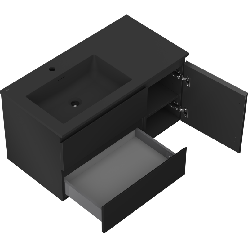 Mexen Orio vonios kambario spintelė 90 cm su Otis kairine kriaukle, 2S, 1D, juoda matinė - 91A13-09047-3-BBFFF71-W18L71