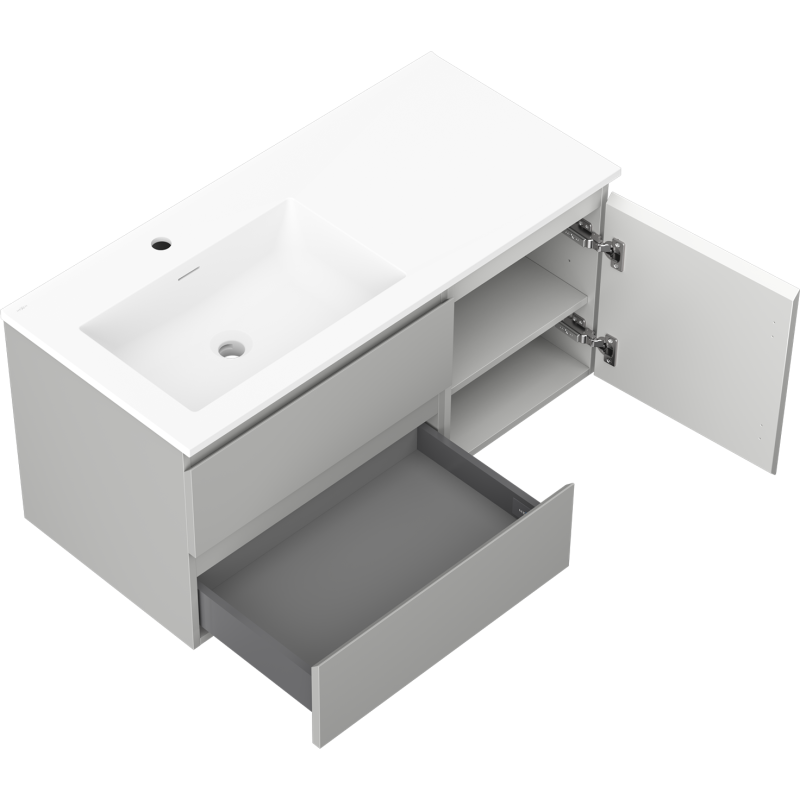 Mexen Orio vonios spintelė 100 cm su kairės pusės kriaukle Otis, 2 stalčiai, 1 durys, pilka matinė/balta matinė