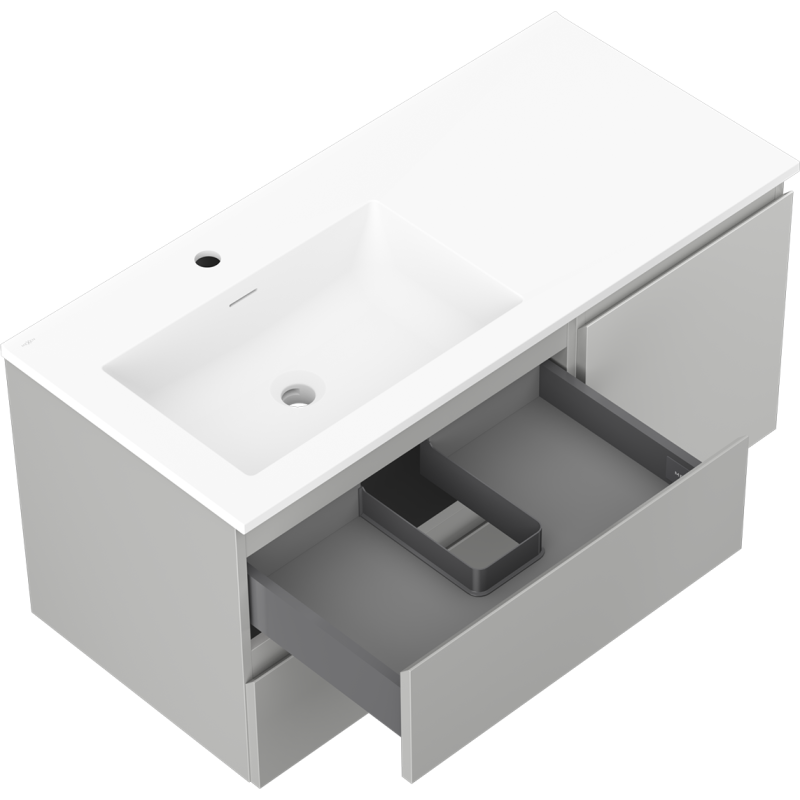 Mexen Orio vonios spintelė 100 cm su kairės pusės kriaukle Otis, 2 stalčiai, 1 durys, pilka matinė/balta matinė