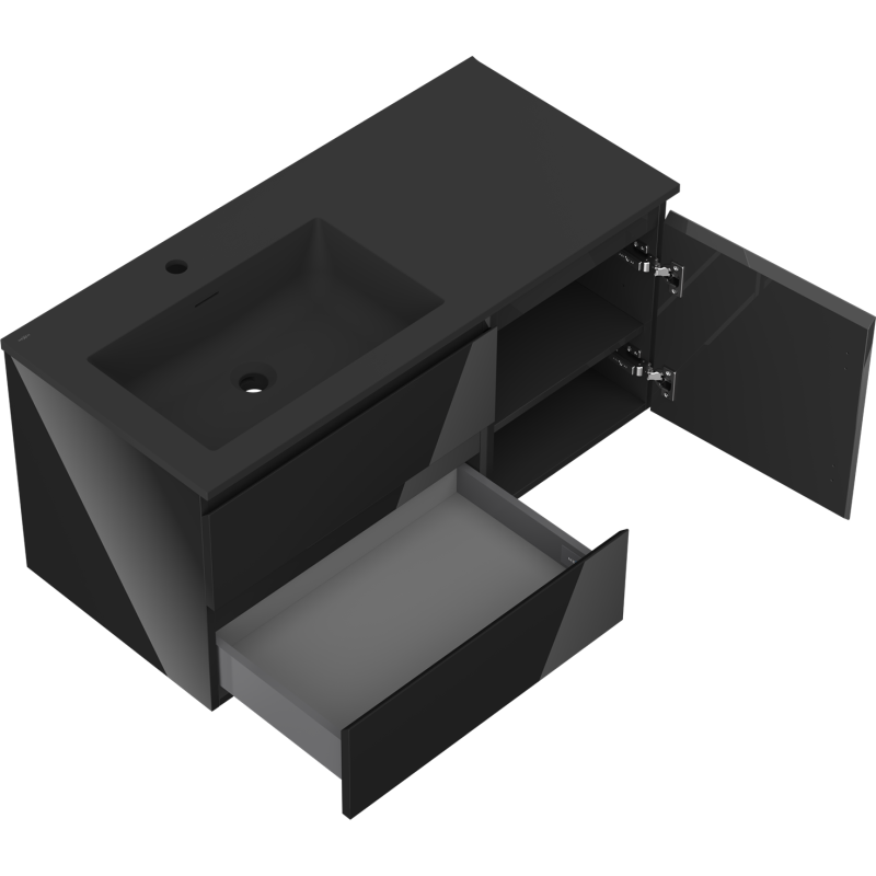Mexen Orio vonios spintelė 100 cm su Otis kairiuoju kriaukle, 2S, 1D, juoda blizgi/juoda matinė - 91A13-10047-3-BBFFF70-W18L71