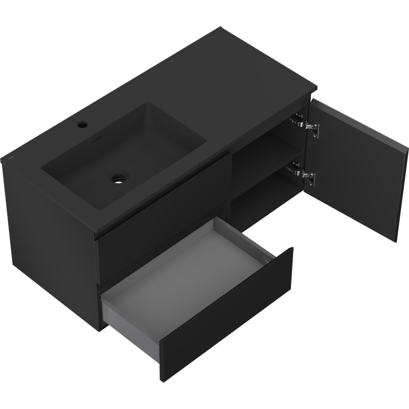 Mexen Orio vonios kambario spintelė 100 cm su kairiąja kriaukle Otis, 2S, 1D, juoda matinė - 91A13-10047-3-BBFFF71-W18L71
