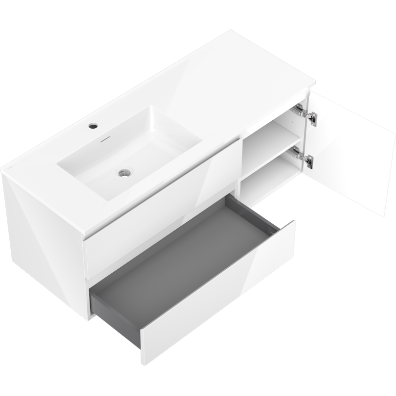 Mexen Orio vonios spintelė 120 cm su „Otis“ kriaukle kairėje, 2S, 1D, blizgi balta - 91A13-12047-3-BBFFF00-W18L00