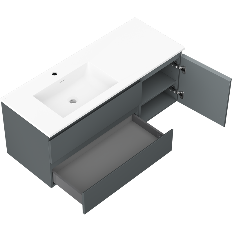 Mexen Orio 120 cm vonios spintelė su Otis kairine kriaukle, 2S, 1D, matinė grafitas/balta matinė