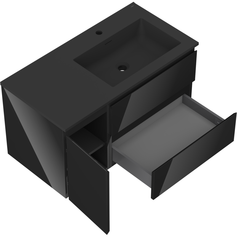 Mexen Orio vonios spintelė 90 cm su Otis dešine kriaukle, 2S, 1D, juoda blizgi/juoda matinė - 91A13-09047-3-BBFFF70-W18P71