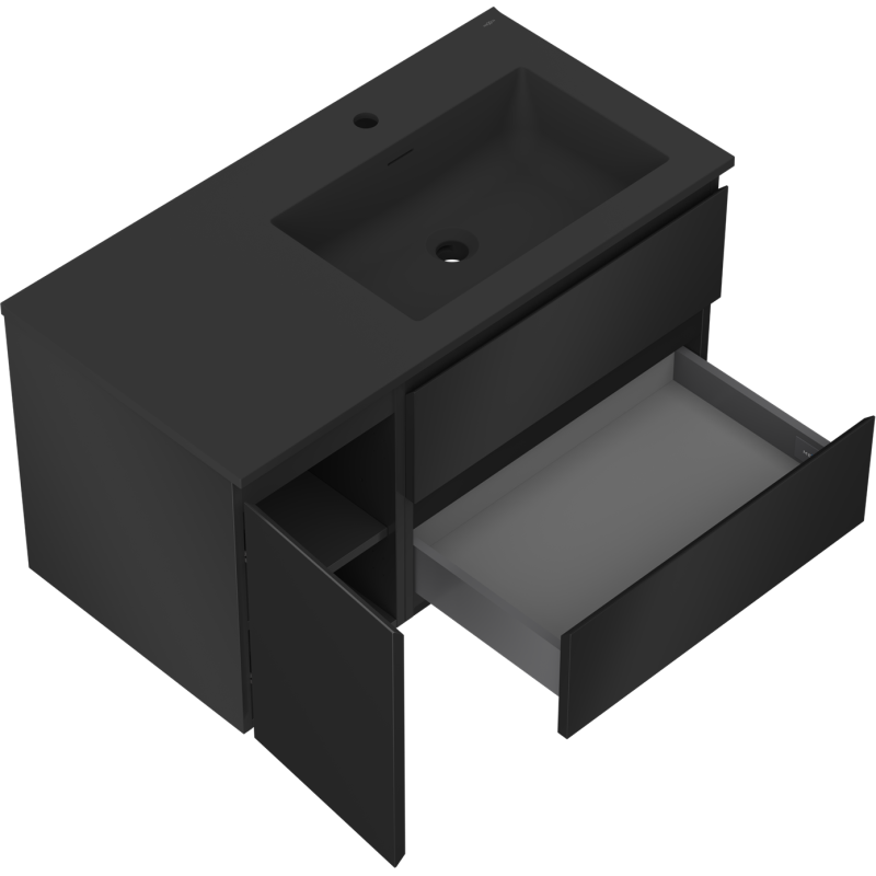 Mexen Orio vonios kambario spintelė 90 cm su praustuvu Otis dešinė, 2S, 1D, juoda matinė - 91A13-09047-3-BBFFF71-W18P71