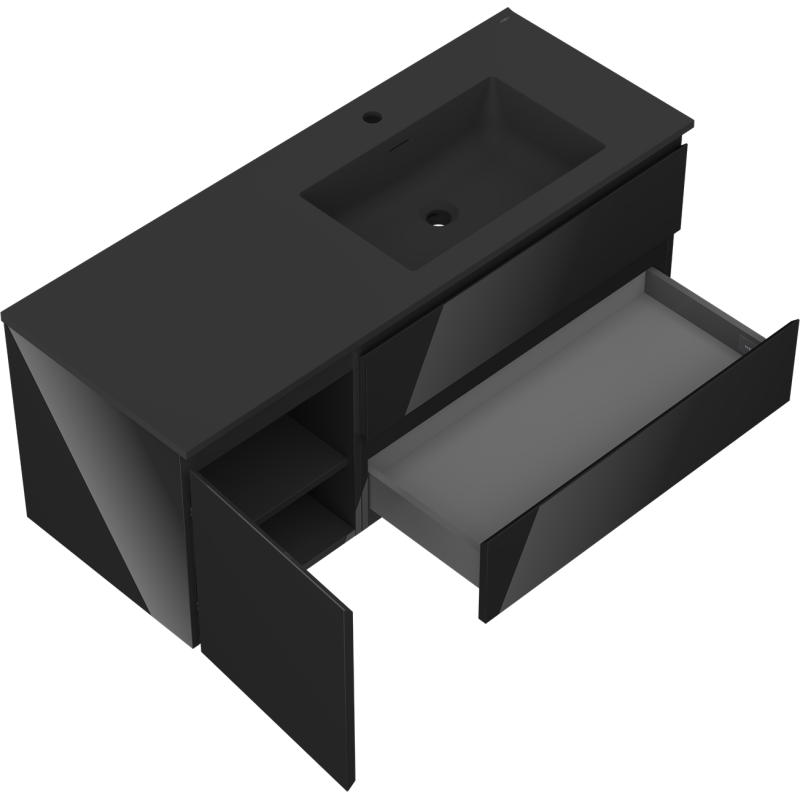 Mexen Orio vonios spintelė 120 cm su Otis dešinine kriaukle, 2S, 1D, juoda blizgi/juoda matinė - 91A13-12047-3-BBFFF70-W18P71