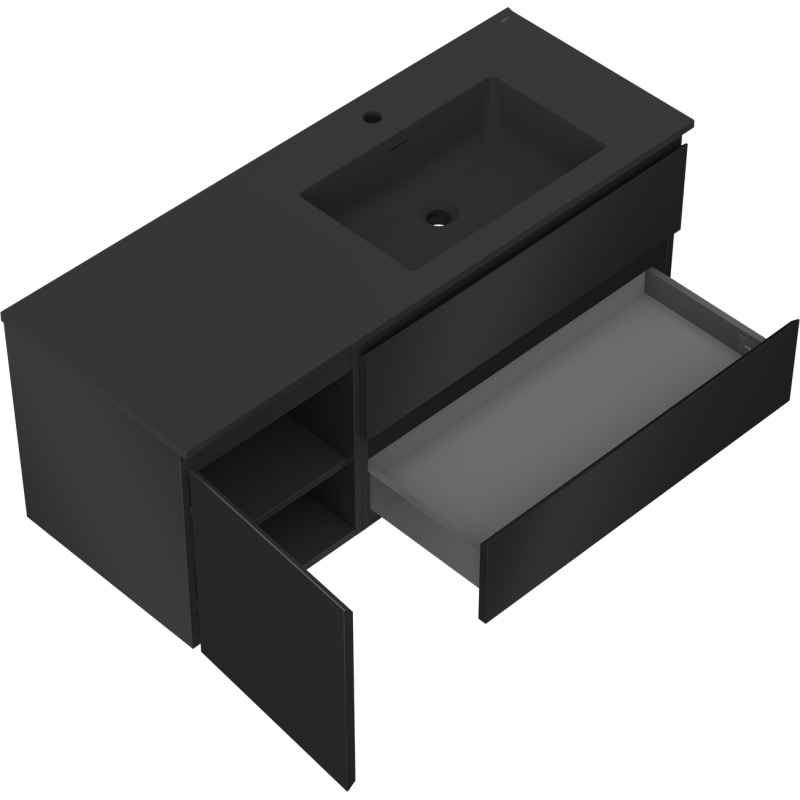 Mexen Orio vonios spintelė 120 cm su dešine Otis kriaukle, 2 stalčiai, 1 durys, juoda matinė - 91A13-12047-3-BBFFF71-W18P71