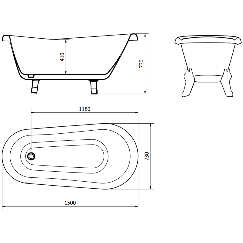 Mexen Retro laisvai pastatoma vonia 150 x 73 cm, balta/juoda, juodos kojos - 53251507375-70