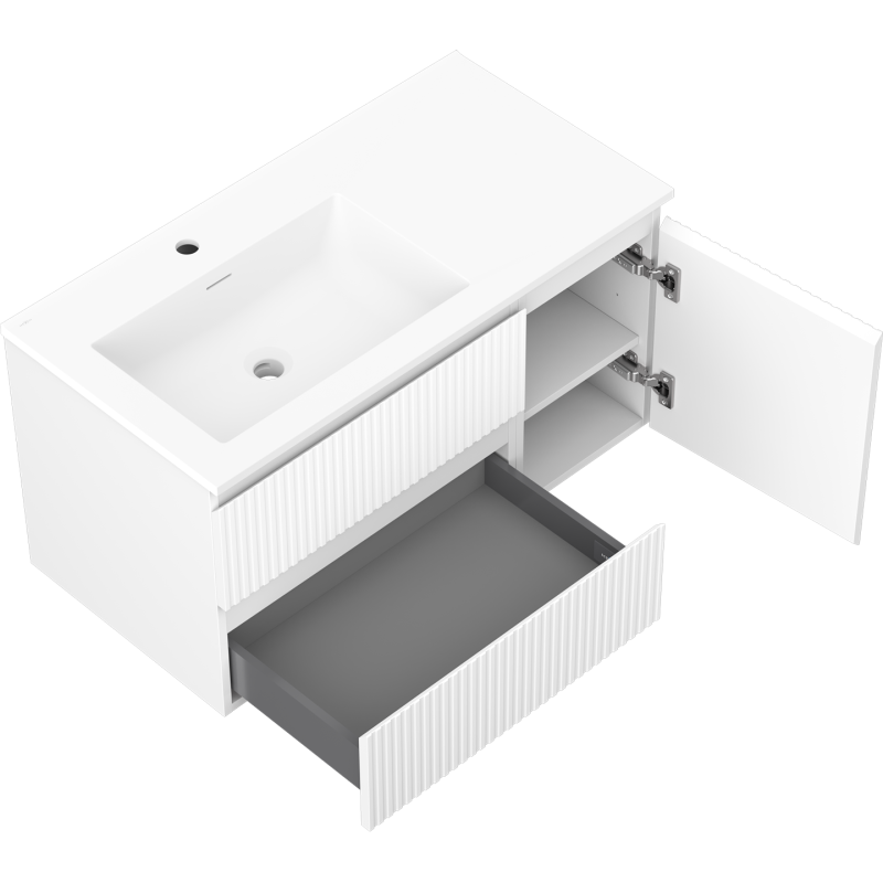 Mexen Rivel vonios kambario spintelė 90 cm su kriaukle Otis kairė, 2S, 1D, rievuota, balta matinė - 91A23-09047-3-BBFFF01-W18L01