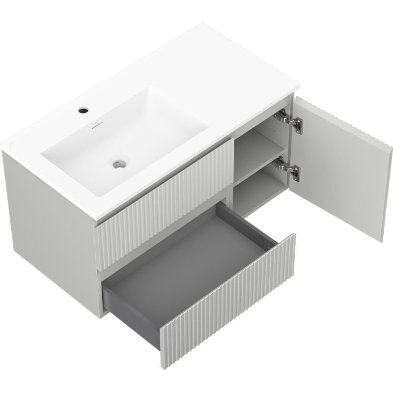 Mexen Rivel vonios spintelė 90 cm su Otis kairine kriaukle, 2S, 1D, rifliuota, pilka matinė/balta matinė