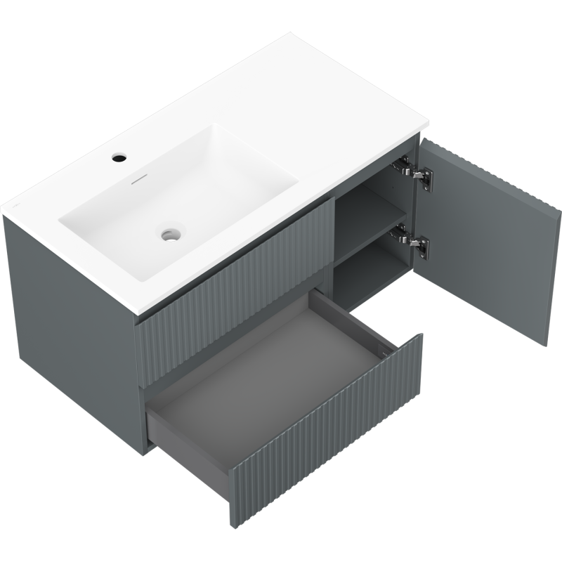 Mexen Rivel vonios spintelė 90 cm su kriaukle Otis kairinė, 2S, 1D, rifliuota, grafito matinė/balta matinė