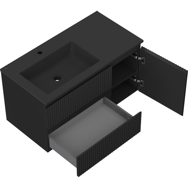 Mexen Rivel vonios spintelė 90 cm su dešine kriaukle Otis, 2S, 1D, grioveliais, juodas matinis - 91A23-09047-3-BBFFF71-W18L71