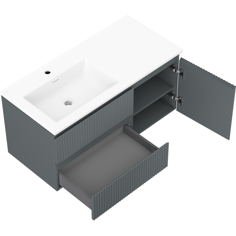 Mexen Rivel vonios spintelė 100 cm su kriaukle Otis kairė, 2S, 1D, grioveliai, grafitas/balta matinė