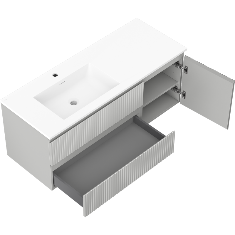 Mexen Rivel vonios spintelė 120 cm su kriaukle Otis kairė, 2S, 1D, rifliuota, pilka matinė/balta matinė