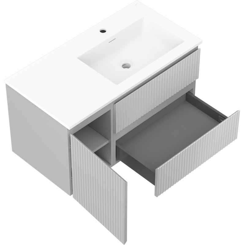 Mexen Rivel vonios spintelė 90 cm su Otis dešiniuoju praustuvu, 2S, 1D, grioveliu, pilka matinė/balta matinė