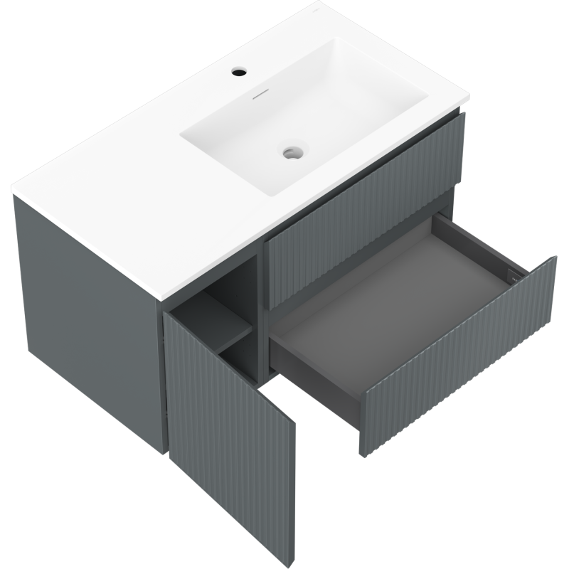Mexen Rivel vonios spintelė 90 cm su dešine Otis kriaukle, 2S, 1D, grioveliais, grafito/balta matinė
