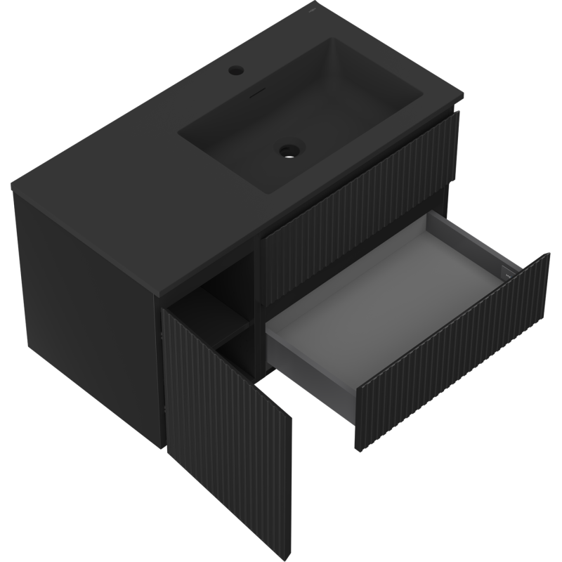 Mexen Rivel vonios spintelė 90 cm su Otis dešiniu praustuvu, 2S, 1D, grublėta, juoda matinė - 91A23-09047-3-BBFFF71-W18P71