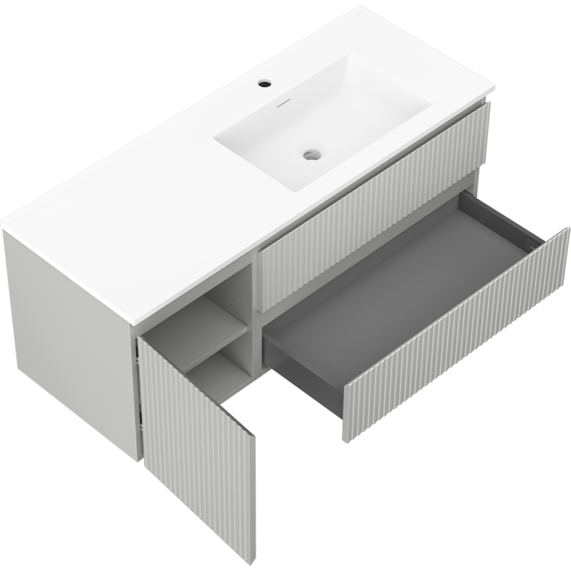 Mexen Rivel vonios spintelė 120 cm su praustuvu Otis dešinė, 2S, 1D, rifliuota, pilka/balta matinė