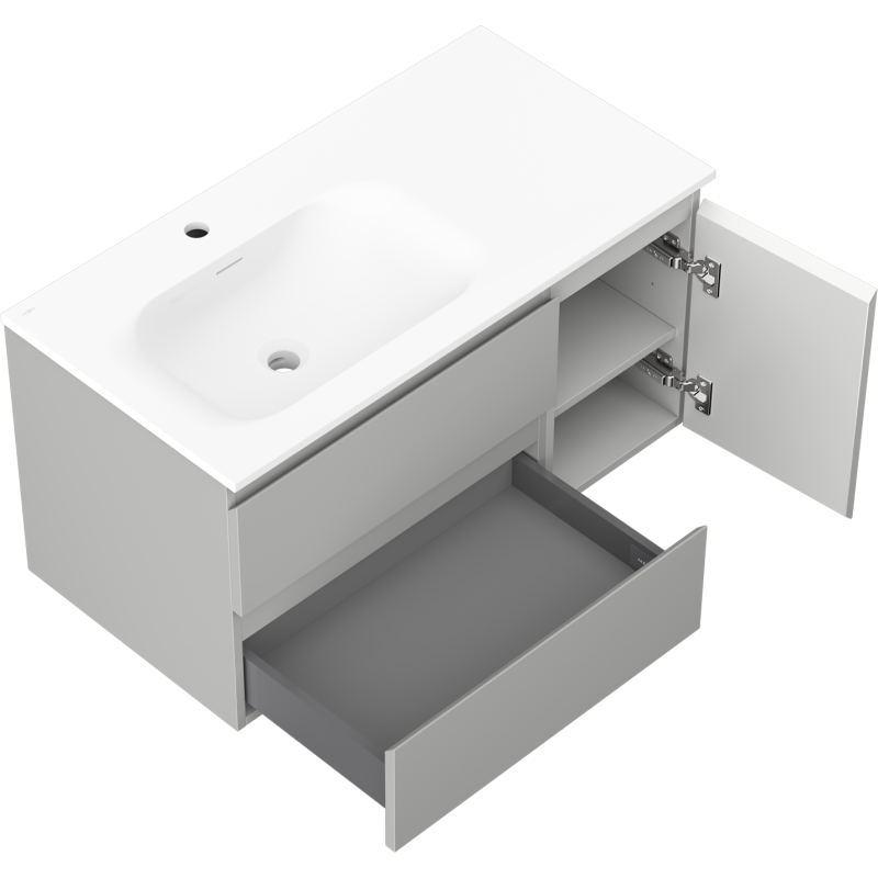 Mexen Orio vonios spintelė 90 cm su kriaukle Vela kairinė, 2S, 1D, pilka matinė/balta matinė - 91A13-09047-3-BBFFF62-W23L01