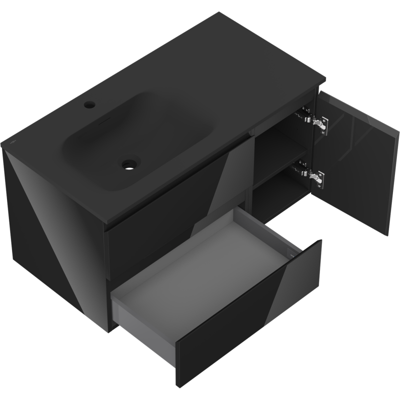 Mexen Orio vonios spintelė 90 cm su Vela kairine kriaukle, 2S, 1D, juodas blizgesys/juodas matas - 91A13-09047-3-BBFFF70-W23L71