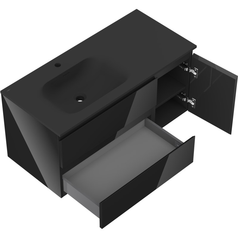 Mexen Orio vonios spintelė 100 cm su praustuvu Vela kairė, 2 stalčiai, 1 durys, juodas blizgesys/juodas matas