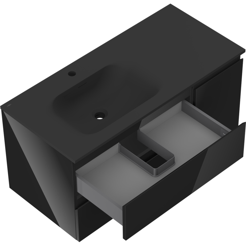 Mexen Orio vonios spintelė 100 cm su praustuvu Vela kairė, 2 stalčiai, 1 durys, juodas blizgesys/juodas matas