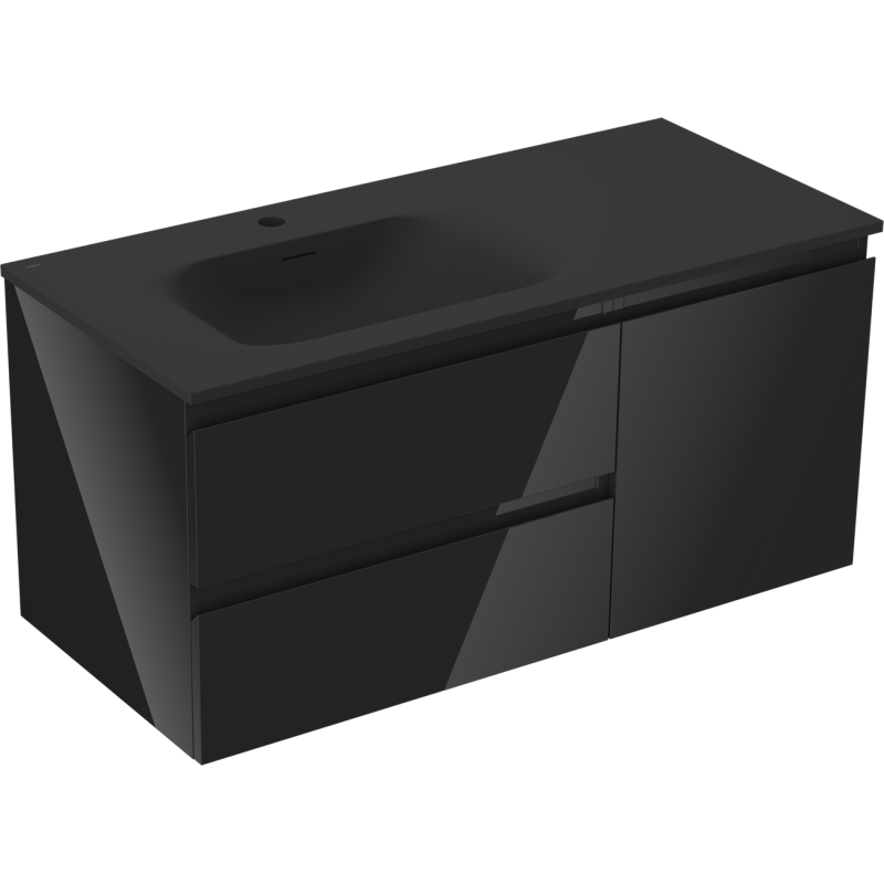 Mexen Orio vonios spintelė 100 cm su praustuvu Vela kairė, 2 stalčiai, 1 durys, juodas blizgesys/juodas matas