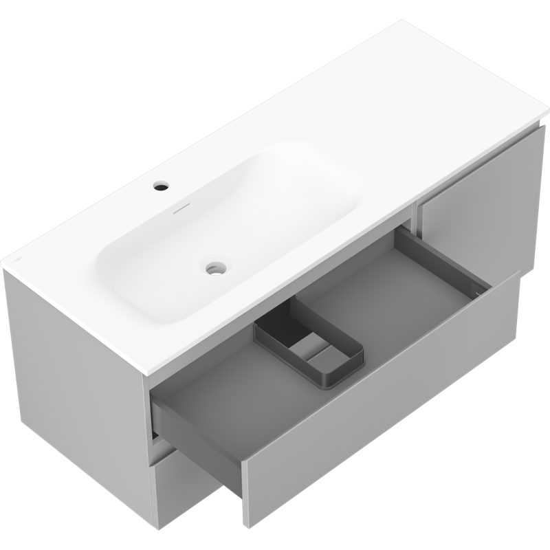 Mexen Orio 120 cm pločio vonios spintelė su kriaukle Vela kairine, 2S, 1D, pilka matinė/balta matinė