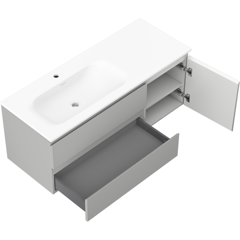 Mexen Orio 120 cm pločio vonios spintelė su kriaukle Vela kairine, 2S, 1D, pilka matinė/balta matinė