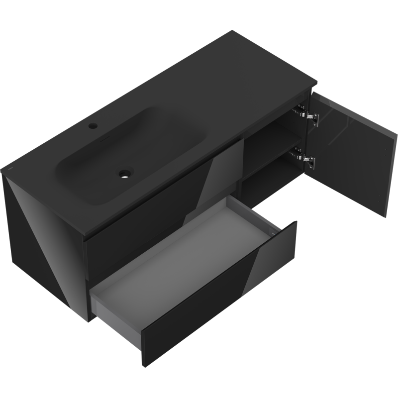 Mexen Orio vonios spintelė 120 cm su Vela kriaukle kairei, 2S, 1D, juoda blizgi/juoda matinė - 91A13-12047-3-BBFFF70-W23L71