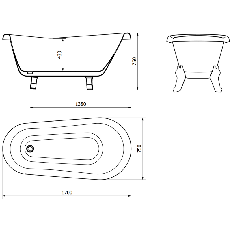 Mexen Retro laisvai pastatoma vonia 170 x 75 cm, balta/juoda, auksinės kojelės - 53251707575-50