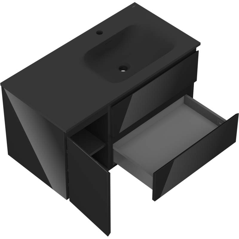 Mexen Orio vonios kambario spintelė 90 cm su kriaukle Vela dešinėje, 2S, 1D, juoda blizgi/juoda matinė