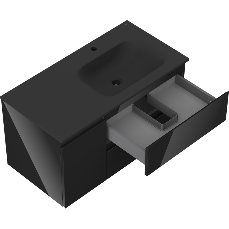 Mexen Orio vonios kambario spintelė 90 cm su kriaukle Vela dešinėje, 2S, 1D, juoda blizgi/juoda matinė