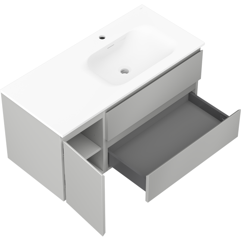 Mexen Orio vonios spintelė 100 cm su dešine Vela kriaukle, 2S, 1D, pilkai matinė/baltai matinė