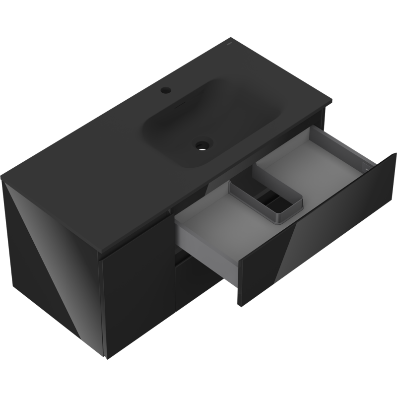 Mexen Orio vonios spintelė 100 cm su praustuvu Vela dešinė, 2S, 1D, juodas blizgesys/juodas matinis